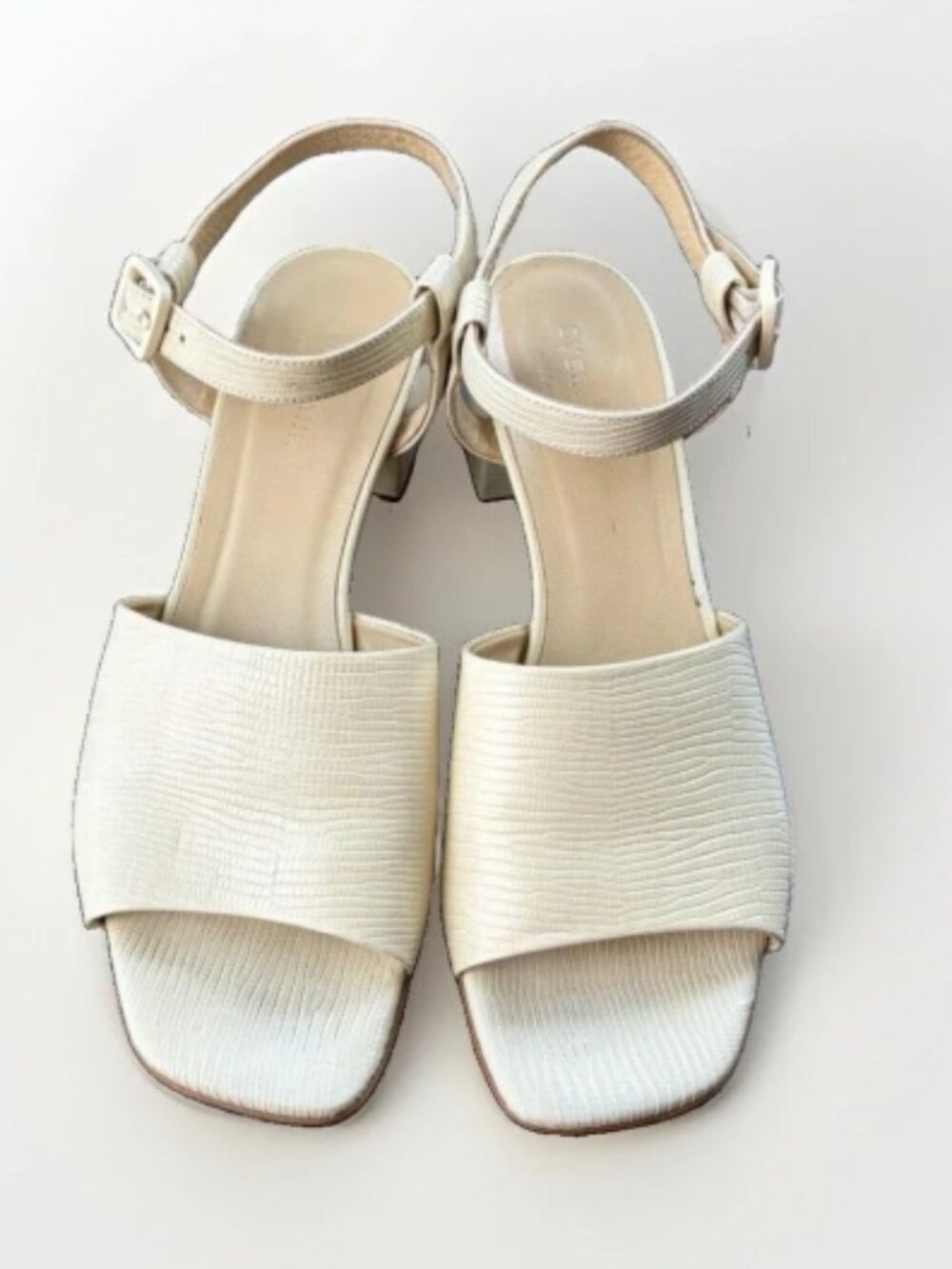 Everlane The Block Heel Sandal Cream Lizard Embossed Italian Leather Size 7